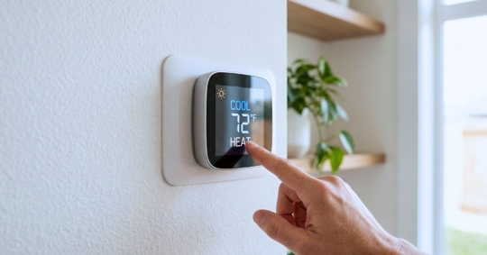 hand gently pressing the screen of a modern digital thermostat, switching the mode from "Cool" to "Heat."